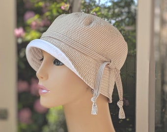 Chemo Hat, Cancer Hats, Chemo Headwear, See 3rd/4th Photo for Size Chart, Light Weight Khaki Seersucker, Handmade inUSA, Made to Order Hat