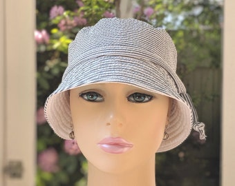 Women's Cancer Hats, Sun Hat, See 3rd/4th Photos for Size Chart, Black and White Seersucker, Made to Order Hat in the USA, Etsy Shop: hedART