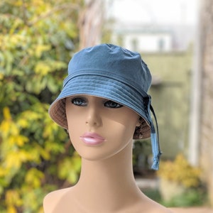 Women's Cancer Hat, Chemo Headwear, Soft Bucket Hat, Size Info see 3rd/4th Photos, Dusty Blue Organic Cotton/Bark Reverse, Made in the USA