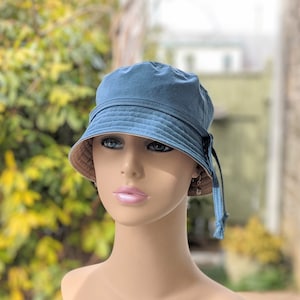 Women&#39;s Cancer Hat, Chemo Headwear, Soft Bucket Hat, Size Info see 3rd/4th Photos, Dusty Blue Organic Cotton/Bark Reverse, Made in the USA