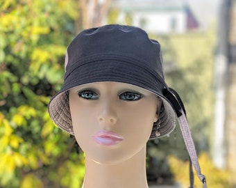 Women's Cancer Hats, Chemo Hat, See 3rd/4th Photos for Size Chart, Organic Cotton Hat, Black/Grey Reverse, Handmade in USA, Visit: hedArt