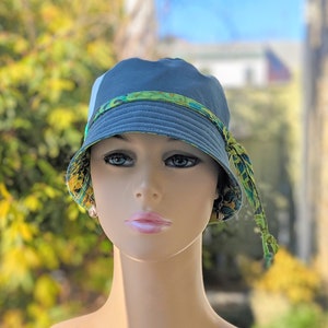 Chemo Hat, Chemo Headwear, Size Chart and Info in 3rd/4th Photos, Dusty Blue Organic Cotton/Kaffe Fassett Cotton Reverse, Handmade in USA