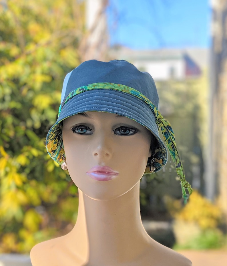Women's Chemo Hat, Chemo Headwear, Bucket Hat, Size Chart see 3rd/4th Photos, Designer Cotton/Dusty Blue Organic Cotton Reverse, Made in USA image 5