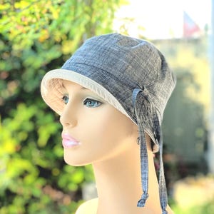 Women's Chemo Hat, Cancer Hats, Chambray Blue Cotton, Size Chart under Pics, USA Made
