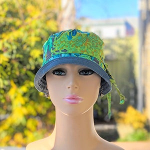 Women's Chemo Hat, Chemo Headwear, Bucket Hat, Size Chart see 3rd/4th Photos, Designer Cotton/Dusty Blue Organic Cotton Reverse, Made in USA image 2