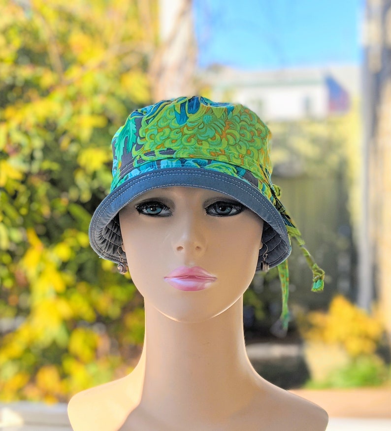 Women's Chemo Hat, Chemo Headwear, Bucket Hat, Size Chart see 3rd/4th Photos, Designer Cotton/Dusty Blue Organic Cotton Reverse, Made in USA image 2