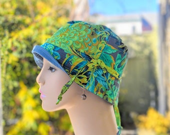 Women's Chemo Hat, Chemo Headwear, Size Info Under 3rd/4th Photos, Kaffe Fasset Cotton Print/Organic Dusty Blue Cotton Reverse, Made in USA
