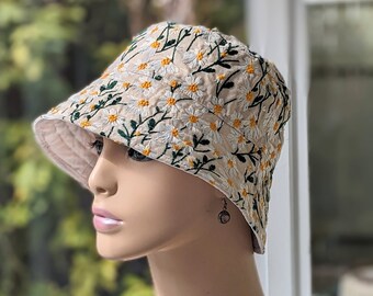 Chemo Hat, Mini Sun Hat, Cancer Hat,See 3rd/4th Photos for Size Chart, 3" Brim, Embroidered Cotton/Linen Blend,  Made in USA, Visit: hedArt