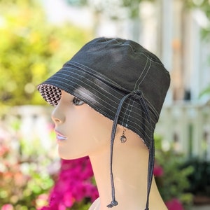 Women&#39;s Chemo Hats, Cancer Hat, See 3rd/4th Photo for Size Chart, Black Organic Cotton with Cotton Hounds Tooth Reverse, Handmade in the USA