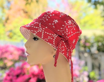 Women's Chemo Hat, Cancer Hat, See 3rd/4th Photo for Size Chart, Red Eyelet Cotton/White Cotton Reverse, Handmade in USA, Visit: hedART