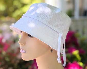 Chemo Hats, Women's Cancer Hat, See 3rd/4th Photos for Size Chart, Light Weight White Summer Seersucker, Made in USA, Etsy Shop: hedART