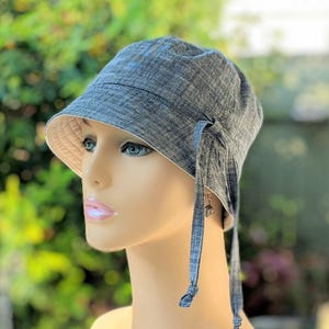 Soft Chambray Chemo Hat: Organic Cotton Reversible Cancer Headwear, Made in USA, Size Chart Under Photos