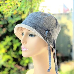 Soft Chemo Hat: Cancer Hats, Organic Cotton with Chambray, Size Chart under Photos