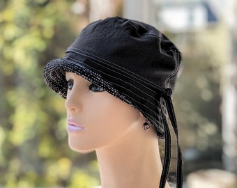 Cancer Hat, Women's Chemo Hats, see 3rd/4th Photos for Size Info, Black Organic Cotton/Black & White Cotton Reverse, Handmade in the USA