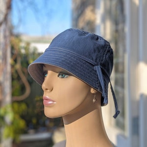 Cancer Hats, Chemo Headwear, Size Chart under 3rd/4th Photos, Navy Organic Cotton/Grey Organic Cotton Reverse, Handmade in the USA