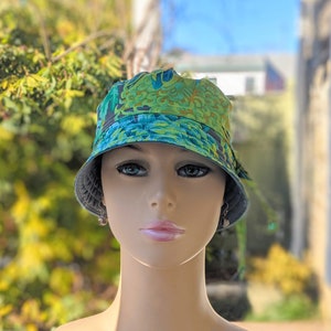 Women&#39;s Chemo Hat, Chemo Headwear, Bucket Hat, Size Chart see 3rd/4th Photos, Designer Cotton/Dusty Blue Organic Cotton Reverse, Made in USA