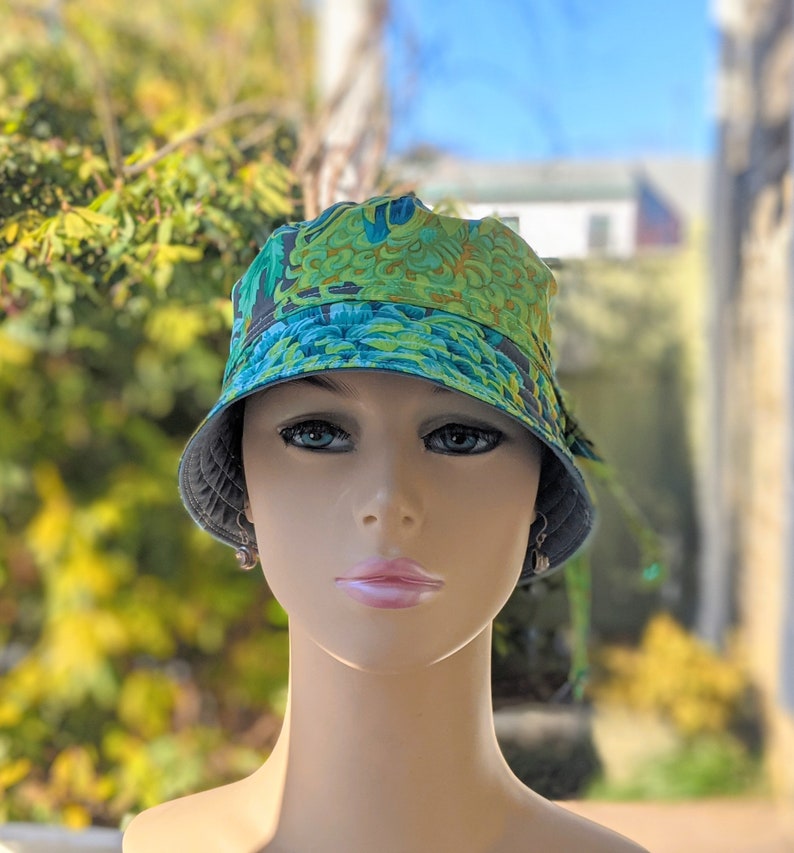 Women's Chemo Hat, Chemo Headwear, Bucket Hat, Size Chart see 3rd/4th Photos, Designer Cotton/Dusty Blue Organic Cotton Reverse, Made in USA image 1