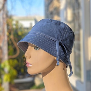 Women&#39;s Chemo Hat, Cancer Headwear, Size Chart under 3rd/4th Photos, Navy Organic Cotton/Grey Organic Cotton Reverse, Handmade in the USA