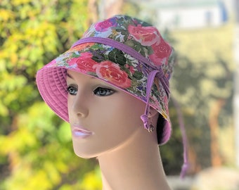 Women's Chemo Hat, Mini Sun Hat, 3" Brim, See 3rd/4th Photos for Size Chart, Pretty Summer Floral with Purple Reverse, Handmade in USA