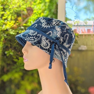 Chemo Headwear, Chemo Hat, Size Chart Under 3rd/4th Photos, Embroidered Denim Hat, Organic Cotton Reverse. Made in the USA. Visit: hedART