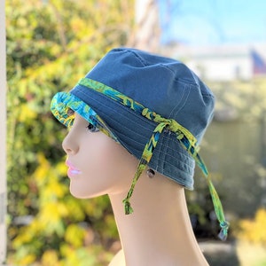 Women's Chemo Hat, Chemo Headwear, Bucket Hat, Size Chart see 3rd/4th Photos, Designer Cotton/Dusty Blue Organic Cotton Reverse, Made in USA image 6