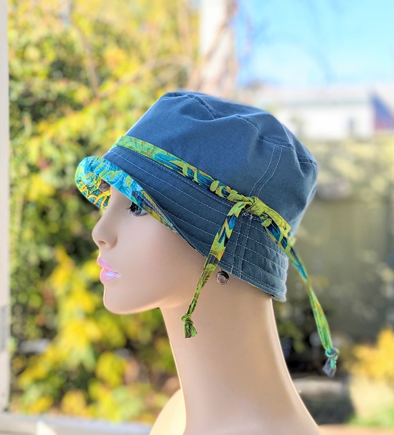 Women's Chemo Hat, Chemo Headwear, Bucket Hat, Size Chart see 3rd/4th Photos, Designer Cotton/Dusty Blue Organic Cotton Reverse, Made in USA image 6