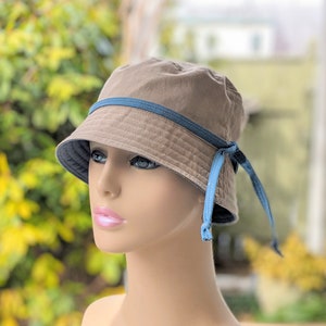 Cancer Hats, Chemo Hat for Women, Soft Bucket Hat, Size Info see 3rd/4th Photos, Organic Cotton, Bark/Dusty Blue Reverse, Handmade in USA