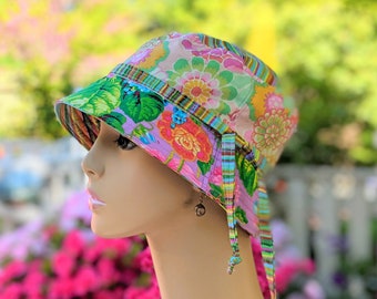 Cancer Hat, Sun Hat, See 3rd/4th Photos for Size Chart, Kaffe Fassett Fabric, Reversible Bucket Hat, Handmade in the USA, Visit: hedART