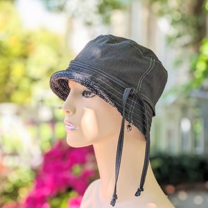 Cancer Hat, Women&#39;s Chemo Hats, see 3rd/4th Photos for Size Info, Black Organic Cotton/Black & White Cotton Reverse, Handmade in the USA