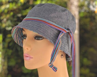 Women's Chemo Hats, SALE, See 3rd/4th Photo for Size Chart, Cotton Blue with Kaffe Fasset Cotton Reverse,  Handmade in the USA. Size: SMALL