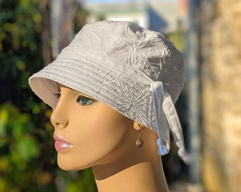 Chemo Hats, Cancer Hat, See 3rd/4th Photo for Size Chart, Light Weight White Embroidered Cotton Hat, Made to Order Hat, Handmade in the USA