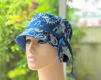 Women's Chemo Hat, Cancer Hat, Size Chart under 3rd/4th Photos, Embroidered Denim Hat, Pre-Washed, Handmade to Order in USA, Visit: hedART