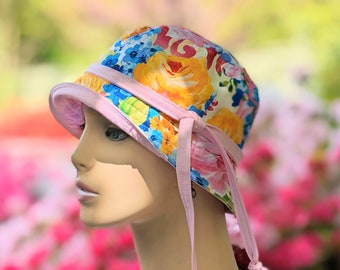 Chemo Hat, Women's Cancer Hat, See 3rd/4th Photo for Size Chart, Pretty Floral with Pink Cotton Reverse, Made in  USA, Visit: hedART