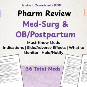 Peut inclure: Téléchargement PDF numérique intitulé "Pharm Review" sur Etsy. Le document couvre les sujets Med-Surg & OB/Postpartum, y compris les médicaments essentiels, les indications, les effets secondaires et les directives de surveillance. Le téléchargement comprend 36 médicaments au total.