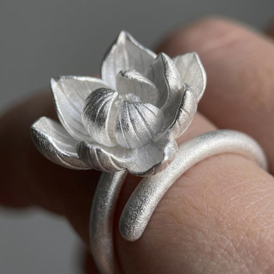 Handcrafted chunky silver lotus flower ring, solid 925 silver adjustable statement botanical ring for yoga and mindfulness gift.