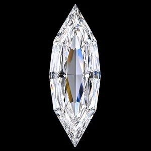 Könnte beinhalten: Ein Edelstein im Marquise-Schliff mit einem klaren, farblosen und transparenten Aussehen. Der Stein hat eine spitz zulaufende, längliche Form mit zahlreichen dreieckigen und rautenförmigen Facetten, die einen brillanten Lichteffekt erzeugen.