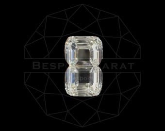 May include: A clear, colorless emerald-cut gemstone with a rectangular shape and faceted surface. The stone features a step-cut pattern with sharp corners and high clarity. The text BESPOKE ARAT is visible in the background behind the stone.