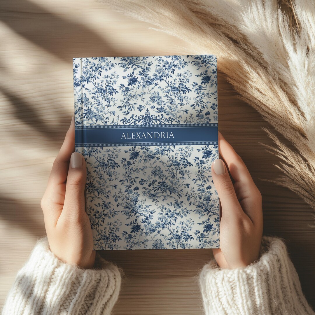 Personalized Blue Toile Floral Pattern Hardcover Journal | Matte ...