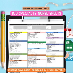May include: A printable A4 ICU specialty nurse sheet, featuring sections for neurological, cardiovascular, and respiratory assessments. The sheet is on a clipboard with a pencil, a PDF icon, and an Excel icon. The text says "Instant Download" and "Easy to Use".