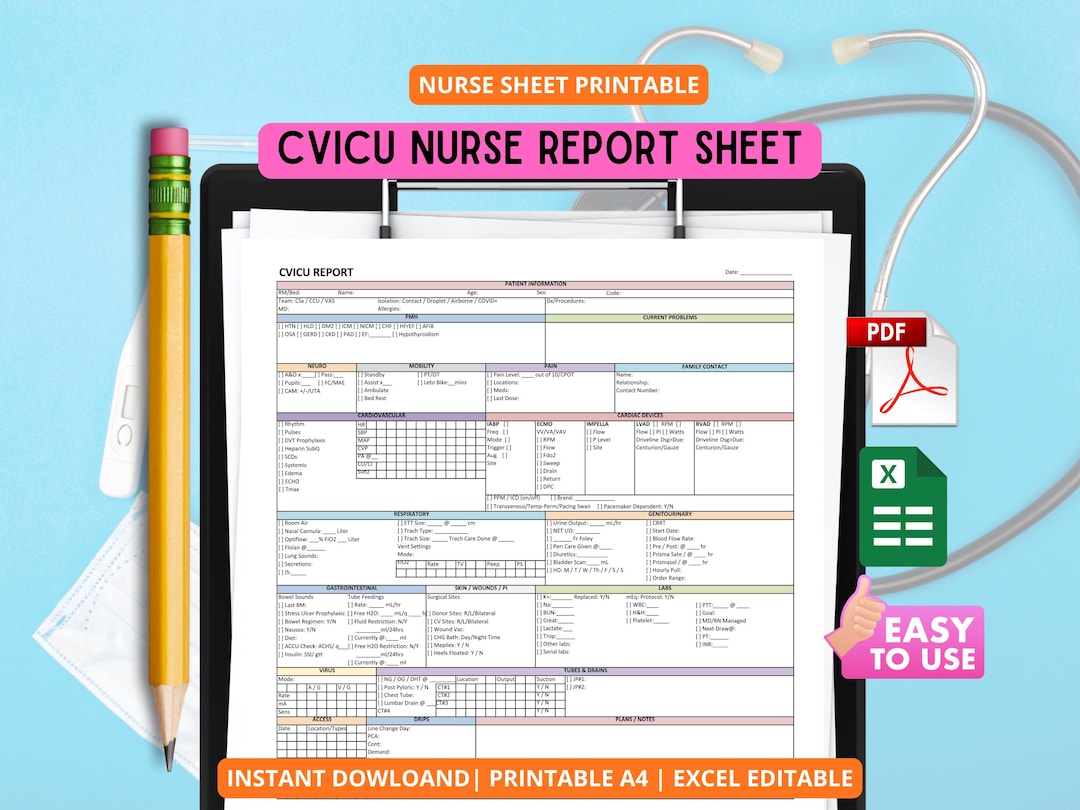 CVICU Nurse Report Sheet | Printable ICU Handoff Template (PDF, Excel ...