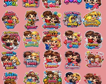 Adesivi Chibi per San Valentino - Pacchetto di clipart di cartoni animati romantici PNG e SVG