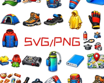 Set di clipart per escursionismo / Grafica realistica per attrezzatura da campeggio (SVG, PNG) / Uso commerciale
