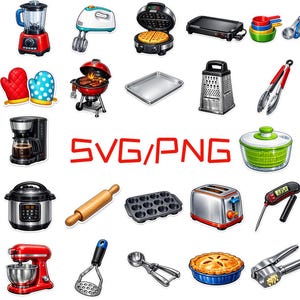 May include: A collection of kitchen appliances and tools, including a blender, mixer, waffle maker, grill, oven mitts, coffee maker, pressure cooker, rolling pin, muffin tin, toaster, thermometer, stand mixer, potato masher, ice cream scoop, pie, and garlic press. The text "SVG/PNG" is also present.