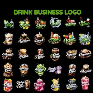 May include: A black background features a collection of drink logos, including gin, tequila, rum, vodka, whiskey, and wine. Coffee drinks like latte, mocha, and espresso are also shown. Other drinks include cocktails, beer, and soda. The text "DRINK BUSINESS LOGO" is at the top.