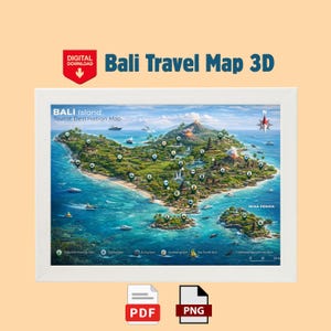 May include: A framed 3D map of Bali, Indonesia, with a white border. The map shows the island's landscape, with green vegetation, blue water, and various points of interest marked with icons. Text includes "Bali Travel Map 3D" and "Digital Download."