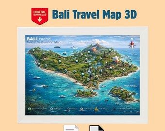 Poster con mappa di viaggio 3D di Bali / Arte dell'isola balinese (PDF, A4, stampe di grandi dimensioni scaricabili)