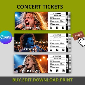 Op de afbeelding: Drie concertkaartjes met afbeeldingen van artiesten. Elk kaartje toont "ARTIST NAME", "ADMIT ONE" en evenementdetails. De kaartjes staan op een groene achtergrond met de tekst "CONCERT TICKETS". De onderkant van de afbeelding zegt "BUY.EDIT.DOWNLOAD.PRINT".