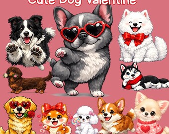 Pacchetto PNG di San Valentino per cani / Clipart di amore per cuccioli (download digitale)