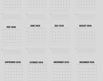 Elegante agenda mensile 2026 – Calendario da parete verticale con inizio lunedì / PDF stampabile minimalista grigio e nero
