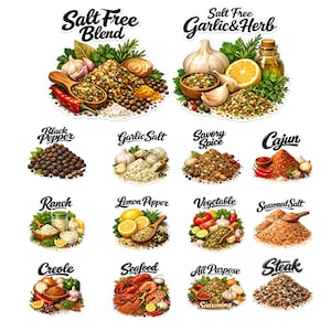 Puede incluir: Una colección de mezclas de especias y condimentos, incluyendo "Salt Free Blend" y "Salt Free Garlic & Herb". Otras variedades incluyen Pimienta Negra, Cajun, Ranch, Limón Pimienta y Mariscos. Cada uno está ilustrado con ingredientes.